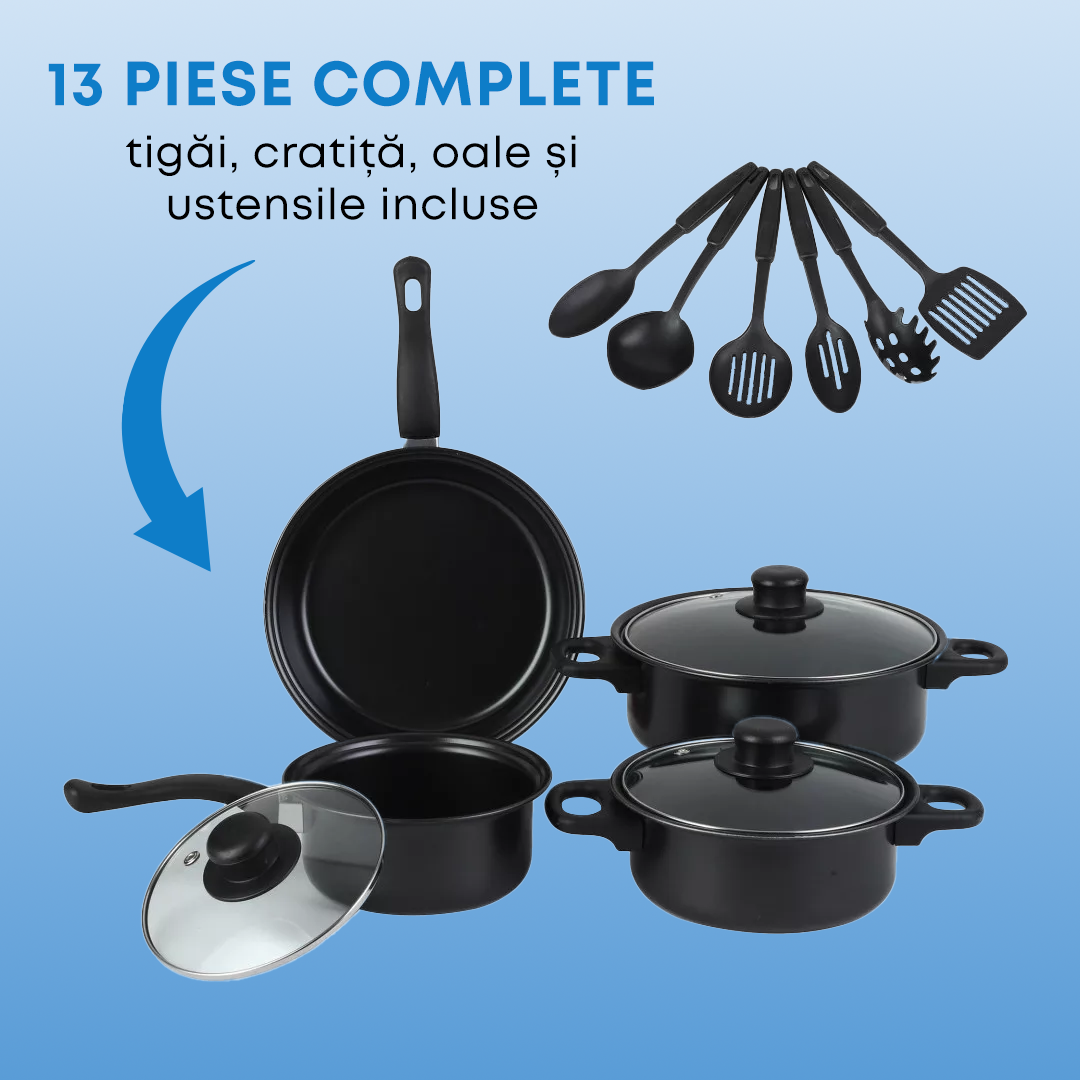 Set din 13 piese vase de gătit și ustensile
